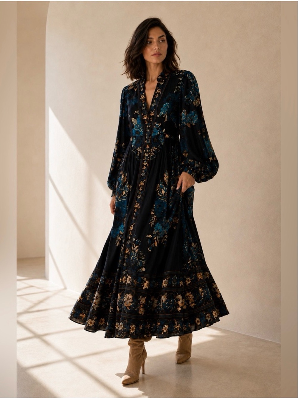 CAROLINE CONSTAS BLOSSOM TAPESTRY MIDI/MAXI DRESS Long Sleeves NWT